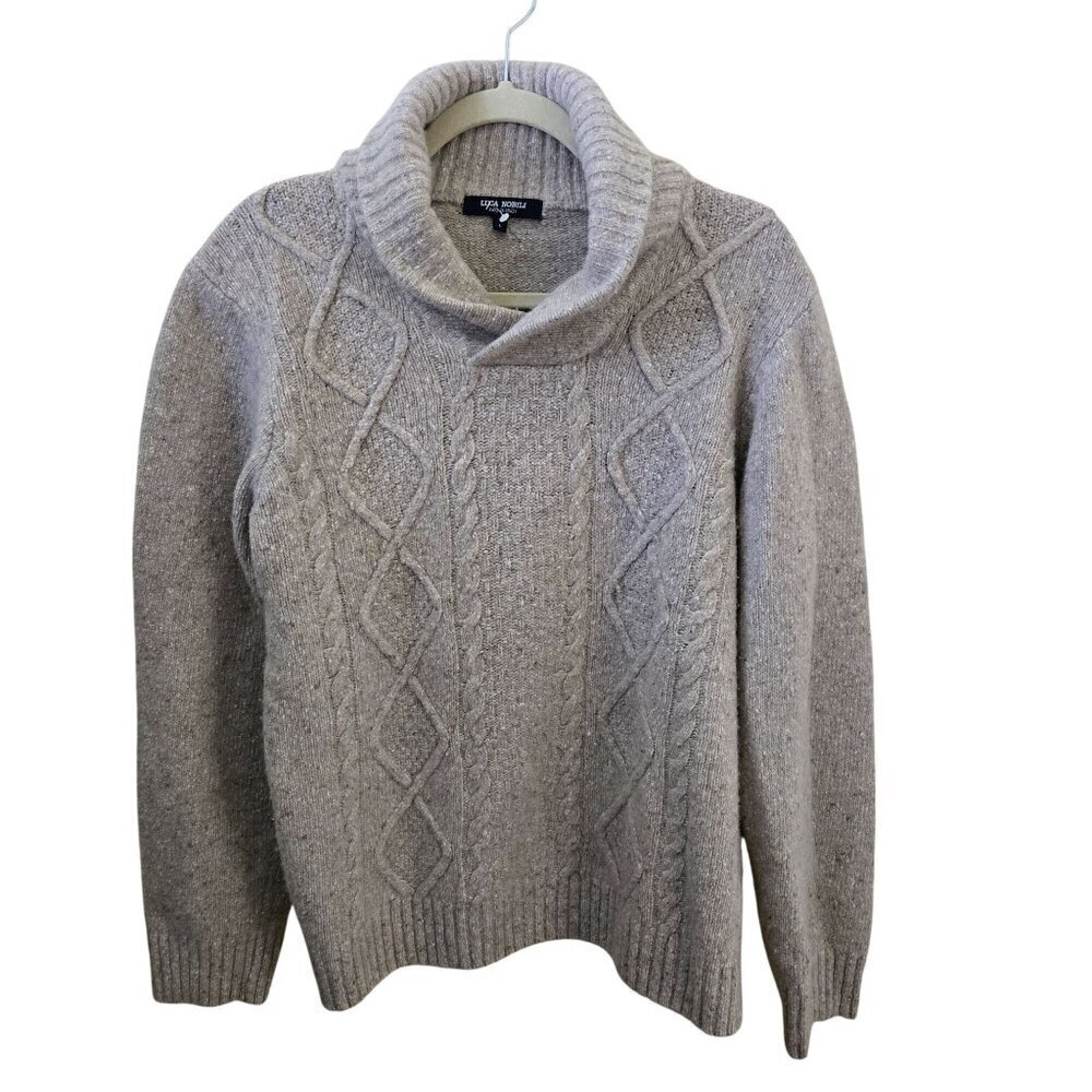Lucas Nobili Made In Italy Oatmeal Wool Blend Shawl Collar CableKnit Sweater Siz